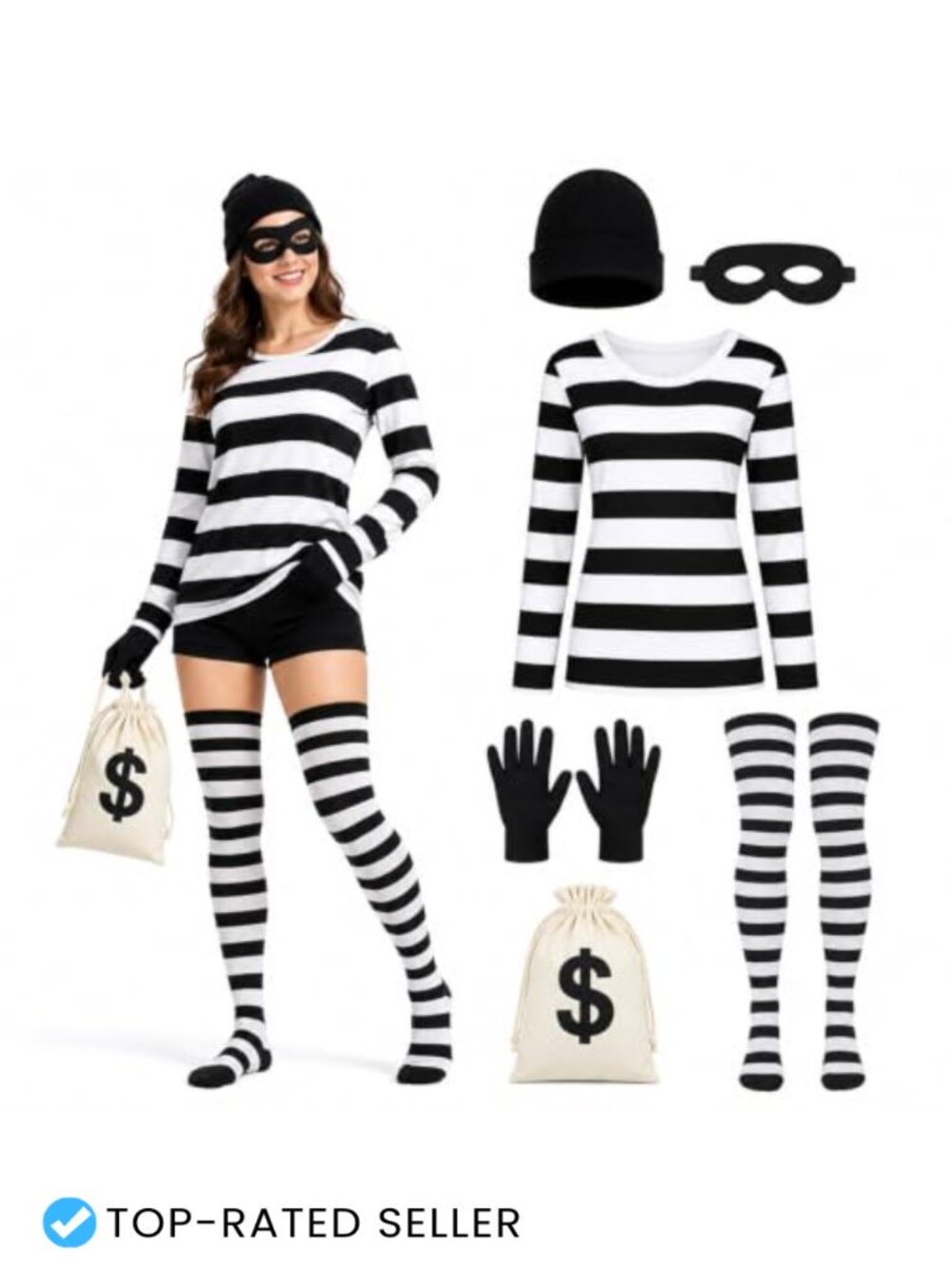 Women's 6-Piece Robber Costume Set Striped Shirt Gloves Hat Socks Mask